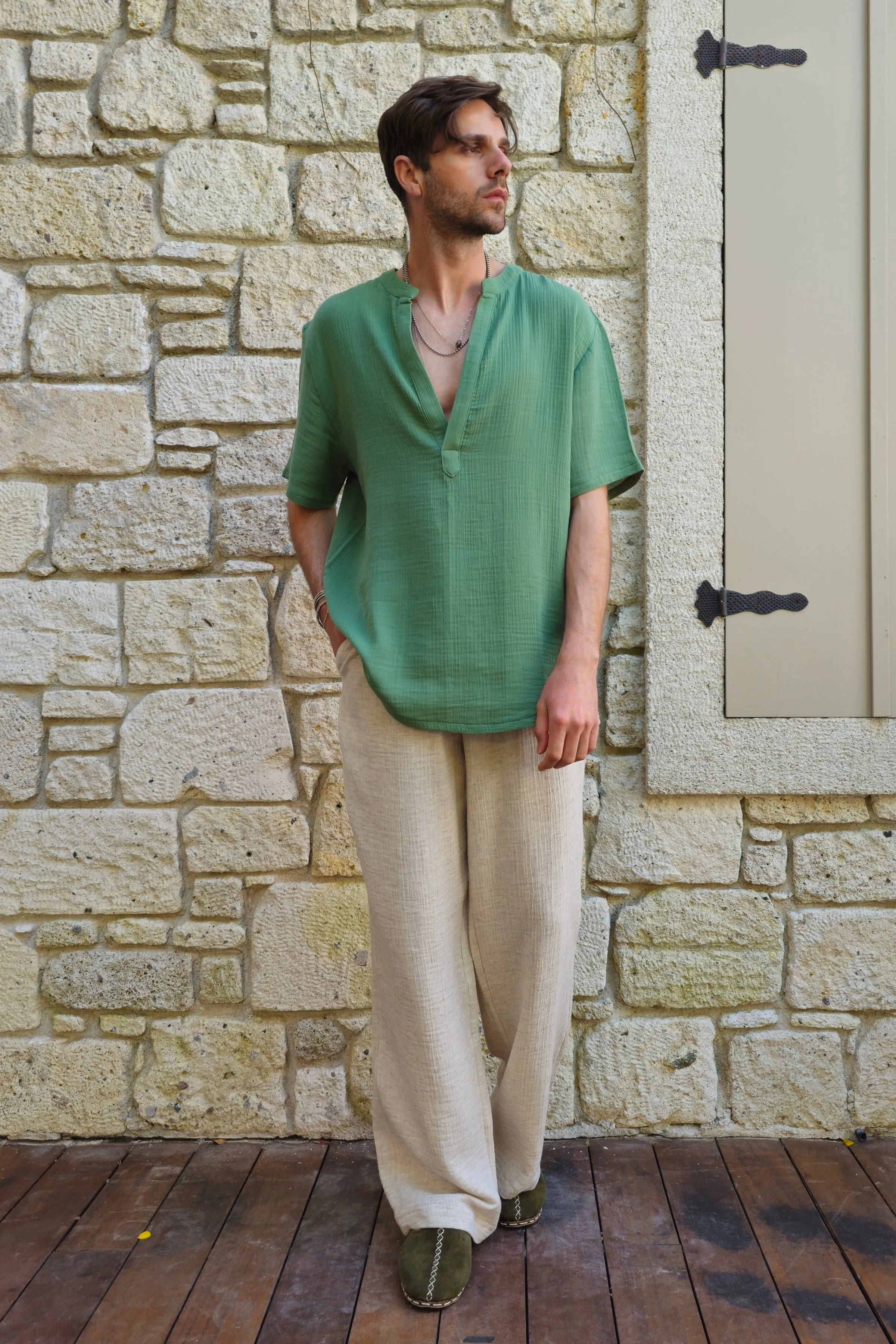ARCHEUS Organic Cotton Double Gauze Shirt (Green, Black)