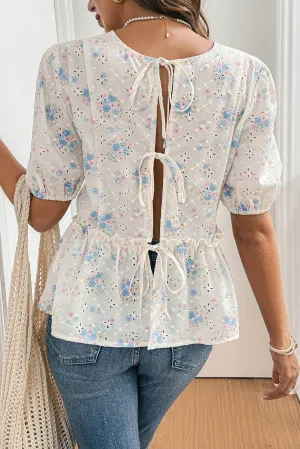 Beige Floral Eyelet Embroidered Short Sleeve Lace-up Back Babydoll Blouse