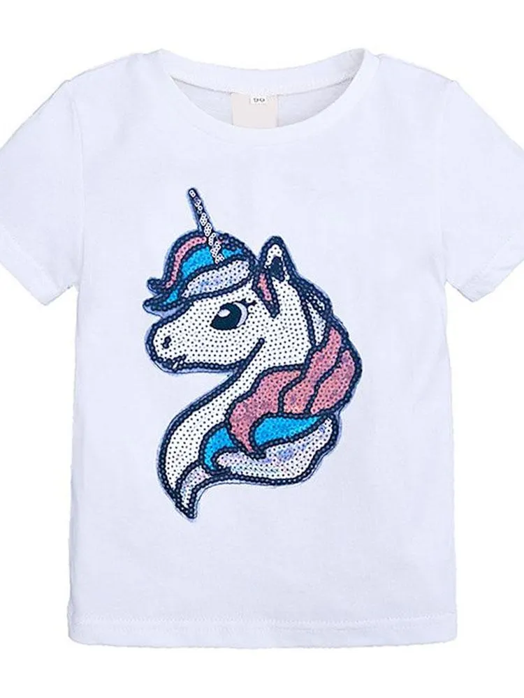 Girls Sequin Unicorn White T-Shirt