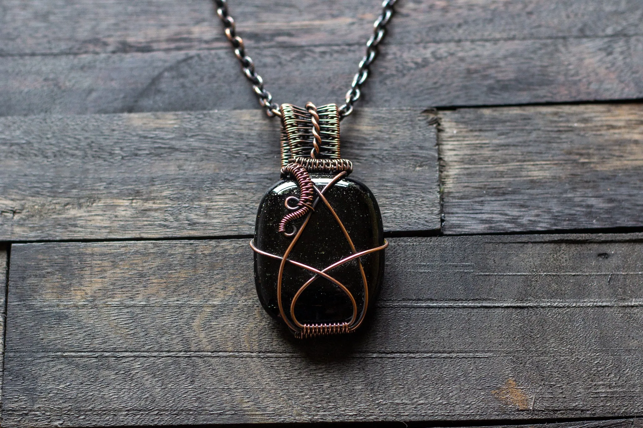 Glittery Dichroic Black Glass Pendant with Copper Wire Wrapping