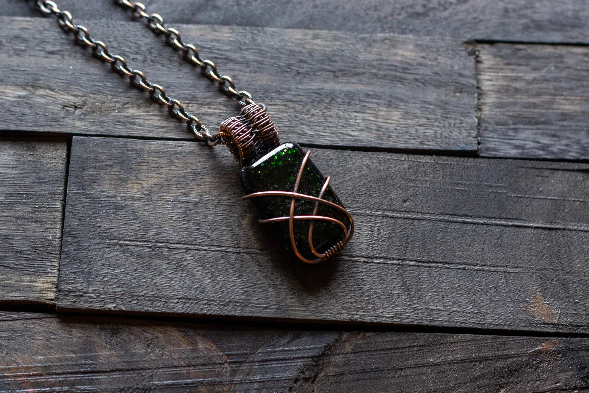 Glittery Dichroic Green Glass Pendant with Copper Wire Wrapping