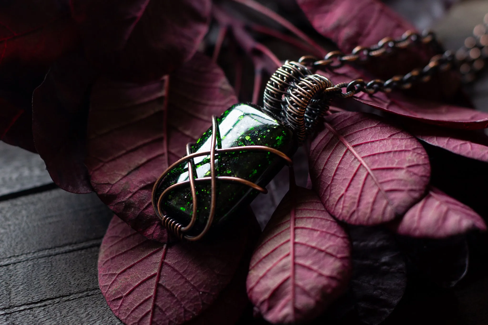 Glittery Dichroic Green Glass Pendant with Copper Wire Wrapping