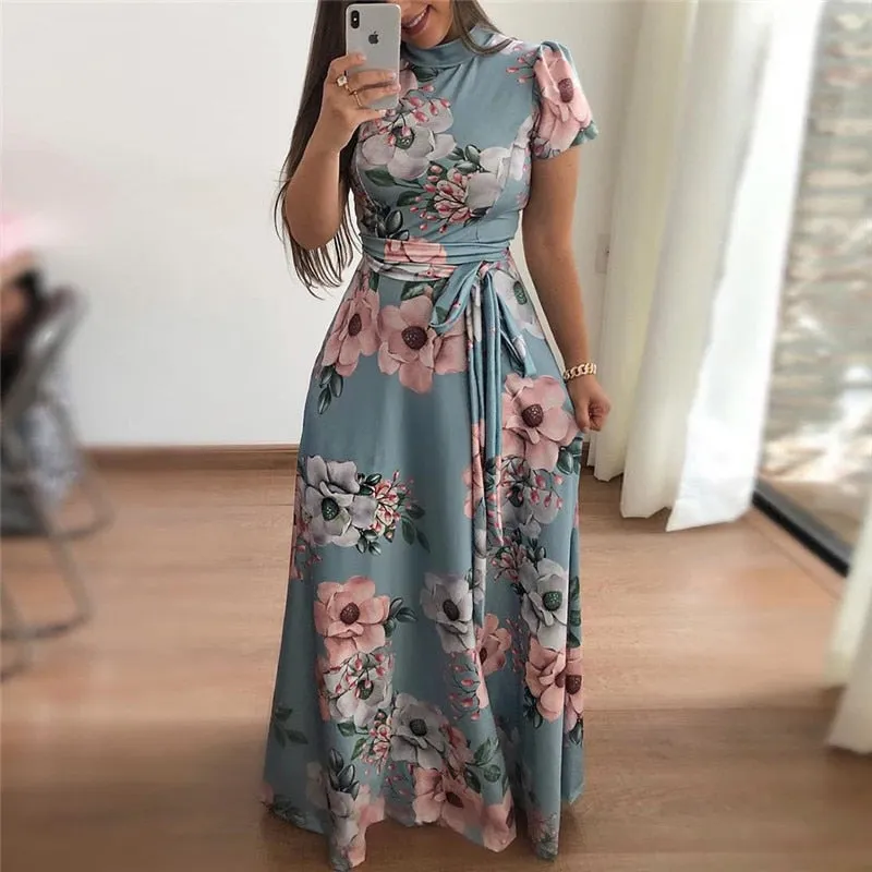 Jerri Lane Boho Floral Print Short Sleeve Maxi Dress