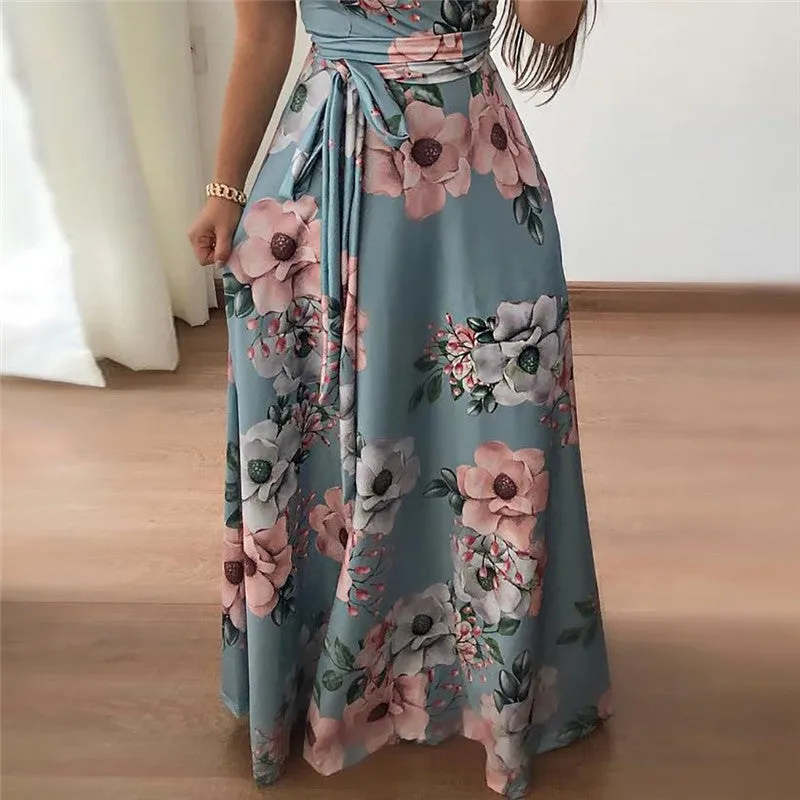 Jerri Lane Boho Floral Print Short Sleeve Maxi Dress