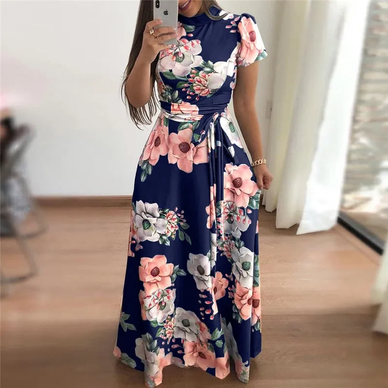 Jerri Lane Boho Floral Print Short Sleeve Maxi Dress