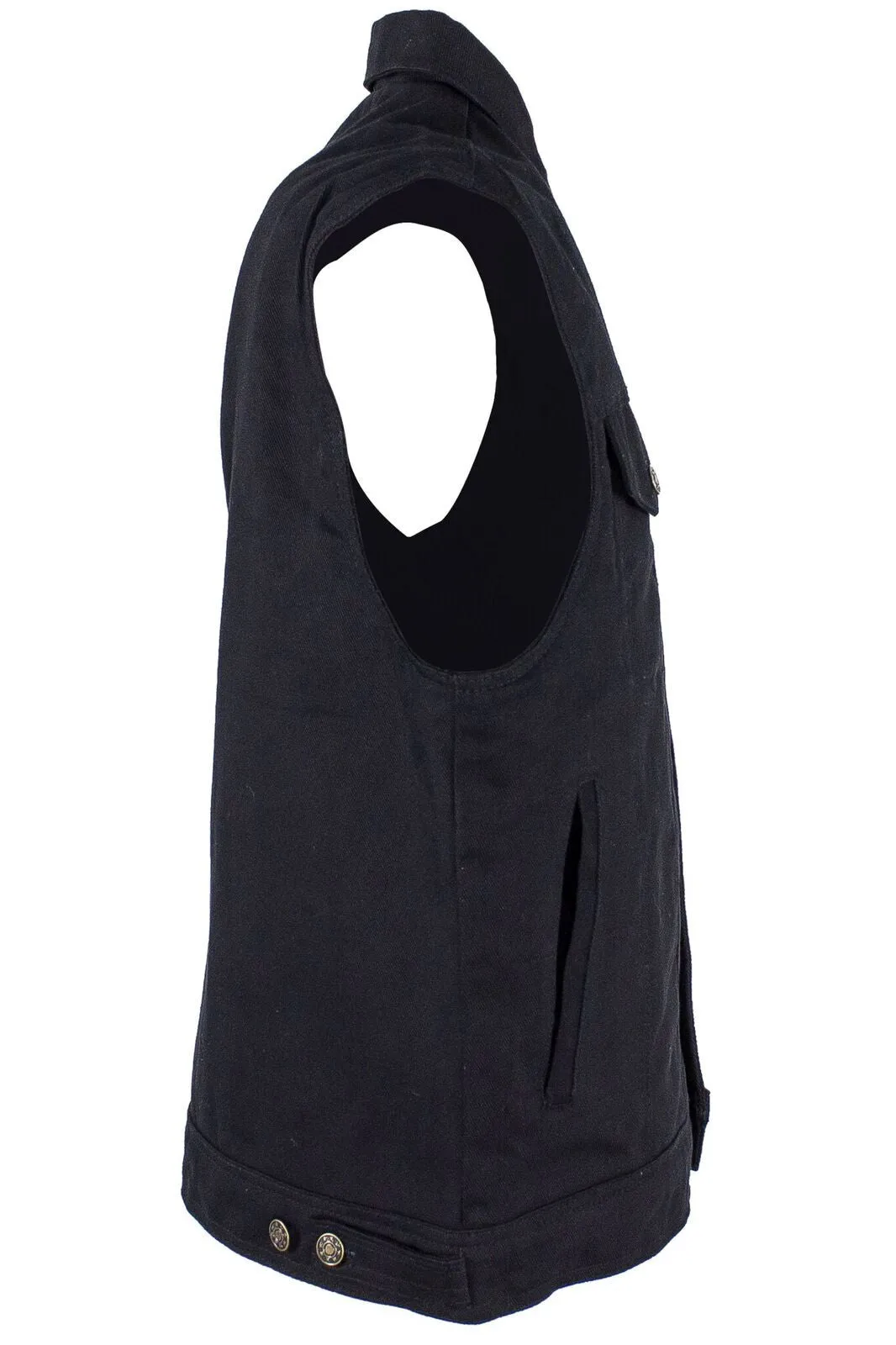 Men's Motorcycle 6 pocket blk denim vest with shirt collar & single panel back