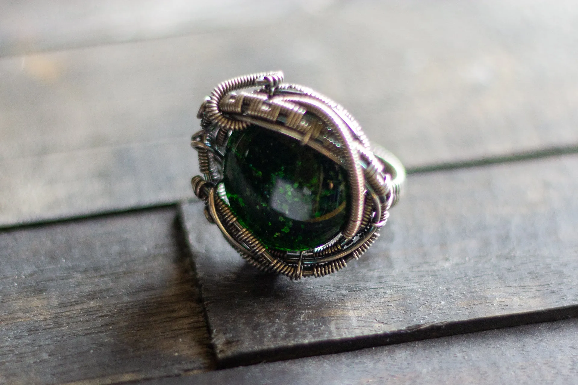 Sterling Silver Wire Wrapped Statement Ring with Glittery Green Dichroic Fused Glass