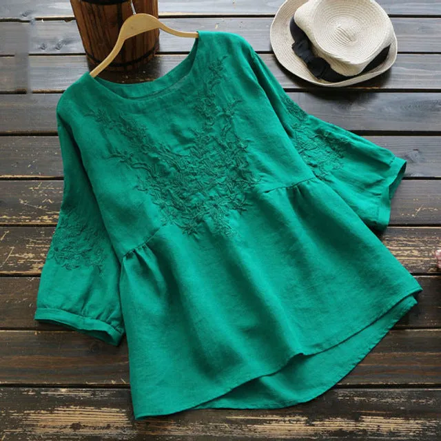 Vintage Ethnic Embroidery Blouse Women Plus size Loose Summer Tops