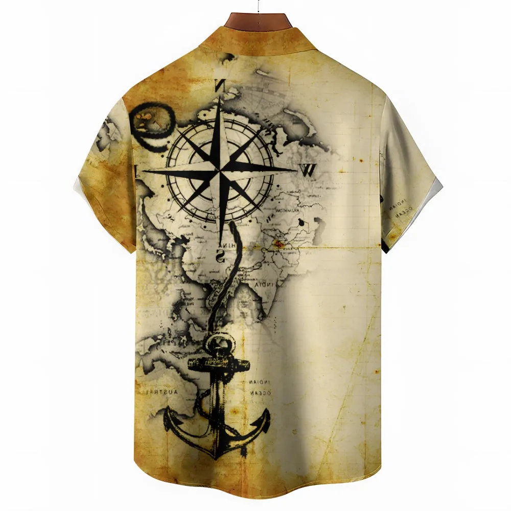 Vintage Nautical Art Compass Anchor Print Pocket Shirt 2412005114